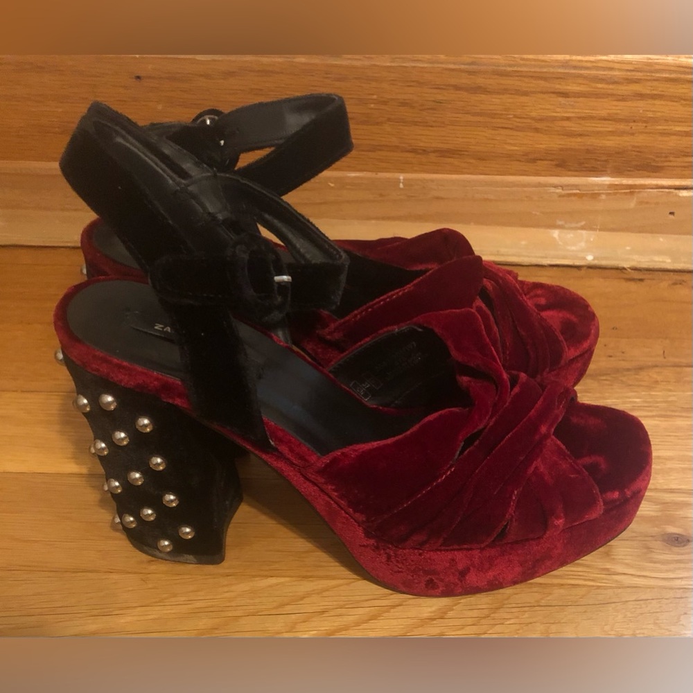 Zara Velvet Heels in Red and Black with Pearl Details